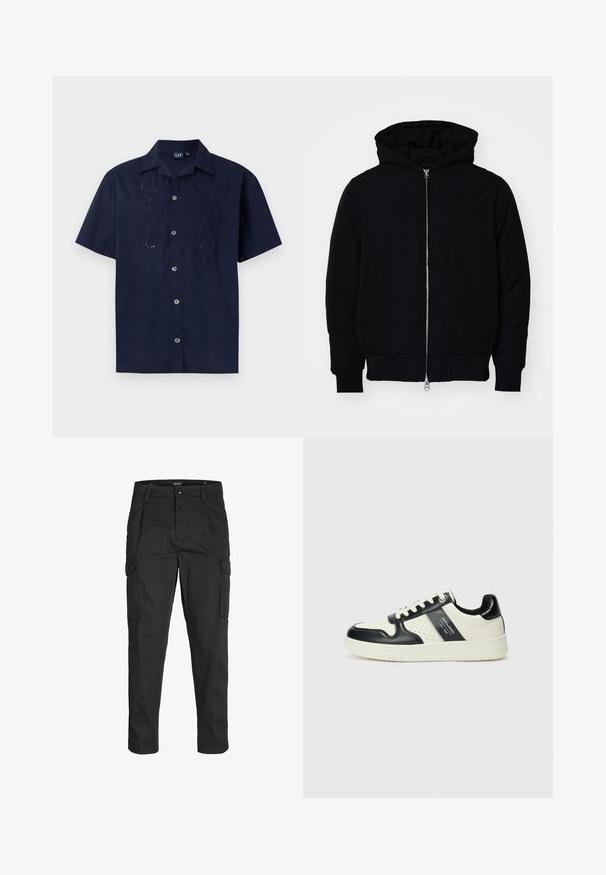 Crna kapuška jakna s prednjim zatvaračem, kenguru džepom, rebrastim manžetama i rubom, prikazana na običnoj bijeloj pozadini.; Mornarska košulja kratkih rukava s vezivanim cvjetnim uzorcima, dugmadi sprijeda i klasičnim ovratnikom. Izrađena od lagane tkanine.; Crne cargo hlače izrađene od čvrstog materijala, s brojnim džepovima, kopčanjem na gumb i dizajnom koji pomaže da se prilagode tijelu sa suženim nogavicama.; Kožne tenisice s crno-bijelom paletom boja, koje imaju perforirane akcentne detalje, podstavljeni ovratnik i teksturiranu potplat.