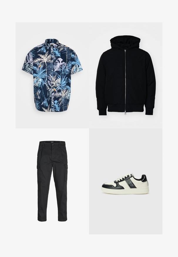 Črna kapuca jakna s sprednjim zadrgo, kenguru žepom, rebrastimi manšetami in hemom, razstavljena na enostavni beli ozadju.; Polo s kratkimi rokavi z gumbom, ki ima mornarsko modro ozadje z svetlo modrimi, belimi in oranžnimi tropičnimi listi in ptičjimi vzorci. Bombažna tkanina.; Črne cargo hlače iz trdnega blaga, ki imajo več žepov, gumbasto zapiranje in ozek kroj z zožanimi nogami.; Usnjeni športni čevlji z črno in krem barvno shemo, ki vključujejo perforirane dodatke, podložen ovratnik in strukturirano podplat.
