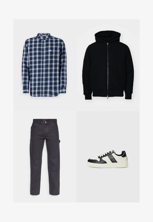 Fekete kapucnis dzseki elülső cipzárral, kenguruzsebbel, bordázott mandzsettákkal és aba, egy sima fehér háttér előtt.; Kék és fehér kockás, gombos ing, pamut anyagból, hosszú ujjal, melynek bal mellrészén egy kis logó címke található. Klasszikus gallér kialakítás.; Sötétszürke cargo nadrág tartós anyagból, egyenes szárú fazonnal, öt zsebbel és gombos derékzárral.; Fekete és krém színű bőrsneaker, perforált díszítésekkel, párnázott bokapánttal és texturált talppal.