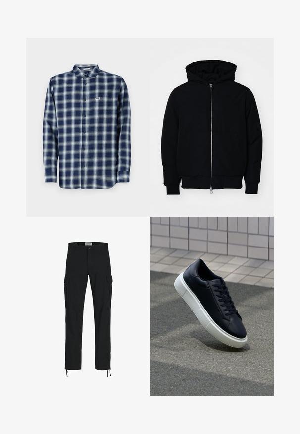 Črna kapuca jakna s sprednjim zadrgo, kenguru žepom, rebrastimi manšetami in hemom, razstavljena na enostavni beli ozadju.; Modra in bela karirana srajca z gumbi, iz bombaža, dolgi rokavi, z majhnim logotipom na levi prsni strani. Klasičen ovratnik.; Črne cargo hlače s ravnim krojem, opremljene z bočnimi žepi, z gumbom za zapiranje in elastičnimi vrvicami pri gležnjih. Narejene iz trpežnega materiala.; Črne usnjene superge z zaobljenim prstom in belim gumijastim podplat. Imajo ravne vezalke in minimalno šivanje na zgornjem delu. Teksturirani podplat za oprijem.