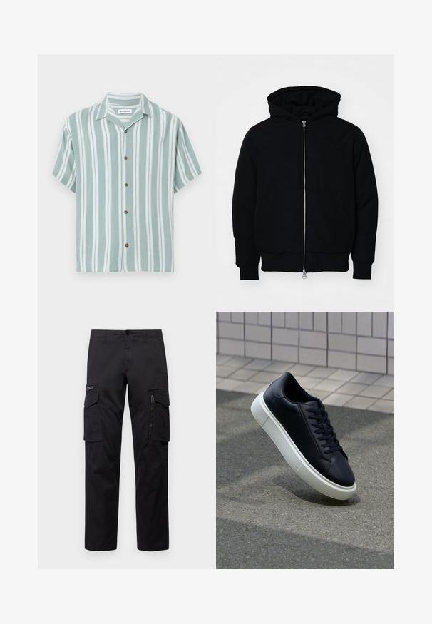 Chaqueta negra con capucha, cierre frontal, bolsillo tipo canguro, y puños y dobladillo acanalados, exhibida sobre un fondo blanco liso.; Camisa de manga corta con rayas verticales verdes y blancas, hecha de tela ligera. Presenta un corte relajado y botones marrones.; Pantalones cargo negros con múltiples bolsillos, un bolsillo con cremallera en el muslo, corte recto y tejido de algodón resistente con un ligero brillo.; Zapatilla de cuero negro con punta redonda y suela de goma blanca. Presenta cordones planos y un mínimo de costuras en la parte superior. Suela texturizada para proporcionar agarre.