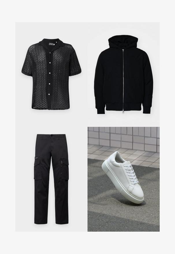 Juodas gobtuvėlis su priekiniu užtrauktuku, kengūros tipo kišene, lygiais rankogaliais ir apvadu, pateiktas ant vientiso balto fono.; Juodas trumpomis rankovėmis švarkelis pagamintas iš nėrinių, su chevrono raštu, apykakle ir mygtukų užsegimu priekyje su baltais mygtukais.; Juodos krovinių kelnės, turinčios kelis kišenes, užtrauktuku uždaromą kišenę ant šlaunies, tiesaus kirpimo ir tvirtos medvilnės audinys su nežymiu blizgesiu.; Balti odiniai sportbačiai su lygiu paviršiumi, apvalia nosimi ir plokščiomis baltomis raištelėmis. Yra tekstūruotas gumos padas ir minimalizmas dizaino elementuose.