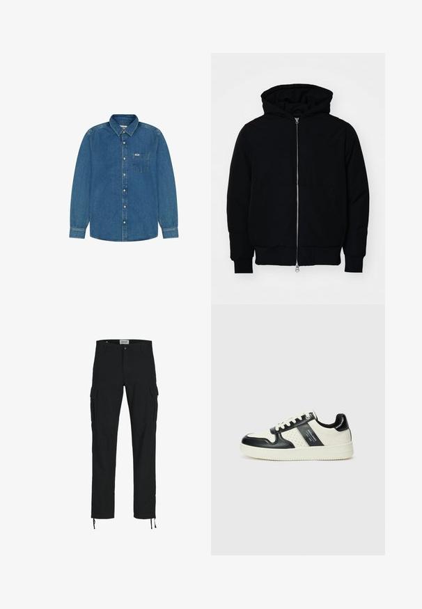 Svart huoodiejacka med framdragkedja, känguruficka, ribbade ärmslut och nederkant, uppställd mot en vit bakgrund.; Blå denimskjorta med långa ärmar, knappstängd krage, bröstficka och ljus tvätt. Har en logotyp på fickan.; Svarta cargo byxor med rak passform, med sidfickor, knappstängning och elastiska dragsnören vid anklarna. Tillverkade av hållbart tyg.; Läder sneakers med en svart och krämfärgad färgsättning, med perforerade detaljer, en vadderad krage och en strukturerad yttersula.