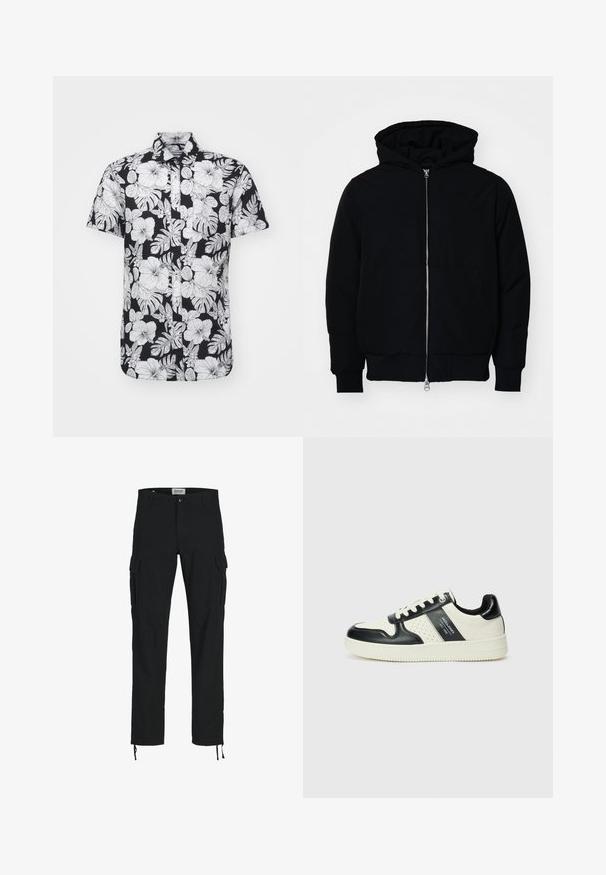Black hooded jacket with front zipper, kangaroo pocket, ribbed cuffs, and hem, displayed on a plain white background.; Short-sleeve shirt featuring a black background with bold white floral and leaf patterns, collared design, and a straight hem.; Black cargo pants with a straight cut, featuring side pockets, a button closure, and elastic drawstrings at the ankles. Made from durable fabric.; Leather sneakers with a black and cream color scheme, featuring perforated accents, a padded collar, and a textured outsole.