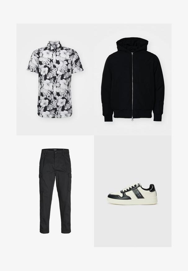 Černá kapucňová bunda s předním zipem, klokaní kapsou, vroubkovanými manžetami a spodním lemem, vystavená na čistém bílém pozadí.; Košile s krátkým rukávem s černým pozadím a výraznými bílými květinovými a listovými vzory, s límečkem a rovnými lemy.; Černé cargo kalhoty vyrobené z odolné tkaniny, s mnoha kapsami, knoflíkovým zapínáním a slim fit střihem se zúženými nohavicemi.; Kožené tenisky s černobílou barevnou kombinací, které mají perforované detaily, polstrovaný límec a texturovanou podrážku.
