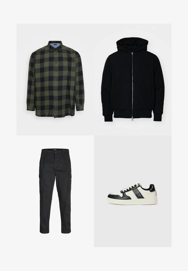 Mustaga kapuutsiga jakk, millel on esineed, kenguru tasku, soonikkoes, ja alläär, esitatud lihtsal valgel taustal.; Roheline ja must ruuduline särgiga pikkade varrukatega, nööbitav ees ja klassikalise kraega. Valmistatud kergest kangast, mis on sileda tekstuuriga.; Mustad mustapõlvik, mis on valmistatud tugeva koe kasutades, sisaldab mitmeid taskuid, nupule kinnitatav sulgemine ja kitsenev disain.; Nahatud nahkkingad musta ja kreemi värviskeemiga, millel on perforeeritud aktsendid, pehme krae ja tekstureeritud tallad.