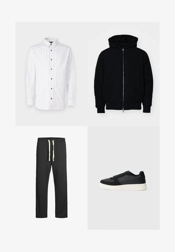 Jachetă neagră cu glugă, cu fermoar în față, buzunar tip kangaroo, mansete și tiv ribbed, prezentată pe un fundal alb simplu.; Cămașă albă cu mânecă lungă, cu dungi verticale înguste roșii și albastre, design cu nasturi, guler ascuțit și nasturi negri.; Pantaloni negri dintr-un material moale, cu talie ajustabilă prin șnur și dungi albe pe laturile exterioare. Textură netedă pe toată suprafața.; Adidași negri cu talpă joasă, din piele texturată și panouri din nubuck, cu talpă din cauciuc alb și șireturi negre, pe un fundal deschis simplu.