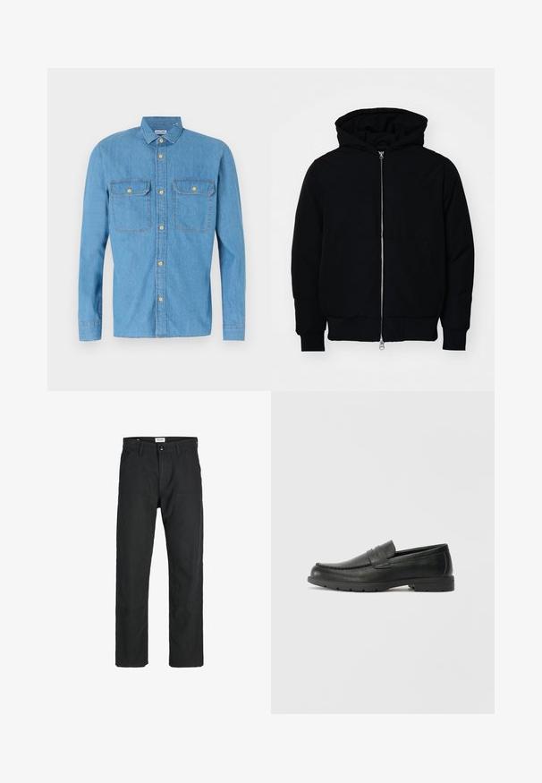 Giacca nera con cappuccio, dotata di zip frontale, tasca a marsupio, polsini e orlo a coste, esposta su uno sfondo bianco semplice.; Camicia di denim blu chiaro con maniche lunghe, chiusura a bottoni, due tasche sul petto, colletto a punta e bottoni dorati. Texture liscia, design casual.; Pantaloni neri realizzati in tessuto resistente, caratterizzati da un design a gamba dritta, dettagli cuciti e due tasche frontali per la funzionalità.; Mocassini neri in pelle con una finitura liscia, parte superiore in stile mocassino, dettagli cuciti e suola in gomma. Design classico con tacco basso.