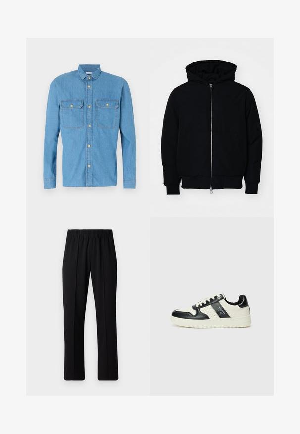 Black hooded jacket with front zipper, kangaroo pocket, ribbed cuffs, and hem, displayed on a plain white background.; Light blue denim shirt with long sleeves, button-up front, two chest pockets, pointed collar, and gold buttons. Smooth texture, casual design.; Black, elastic-waist trousers with a straight-leg design, featuring a smooth texture and no visible patterns or hardware.; Leather sneakers with a black and cream color scheme, featuring perforated accents, a padded collar, and a textured outsole.