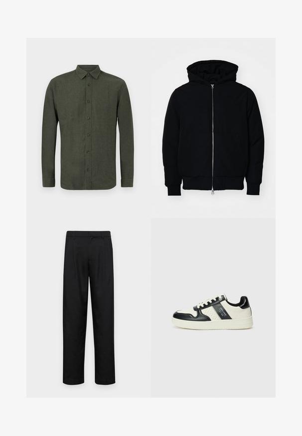 Black hooded jacket with front zipper, kangaroo pocket, ribbed cuffs, and hem, displayed on a plain white background.; Dark green long-sleeve button-up shirt with collar, displayed flat against white background.; Black trousers made of smooth fabric, featuring a straight-leg design, two front pleats, and standard waistband with belt loops.; Leather sneakers with a black and cream color scheme, featuring perforated accents, a padded collar, and a textured outsole.