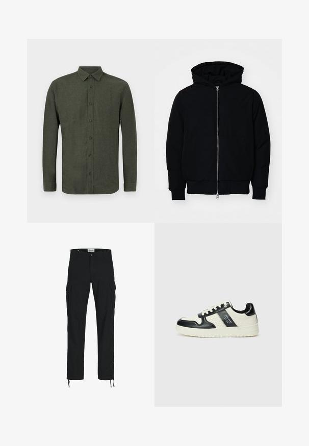 Black hooded jacket with front zipper, kangaroo pocket, ribbed cuffs, and hem, displayed on a plain white background.; Dark green long-sleeve button-up shirt with collar, displayed flat against white background.; Black cargo pants with a straight cut, featuring side pockets, a button closure, and elastic drawstrings at the ankles. Made from durable fabric.; Leather sneakers with a black and cream color scheme, featuring perforated accents, a padded collar, and a textured outsole.