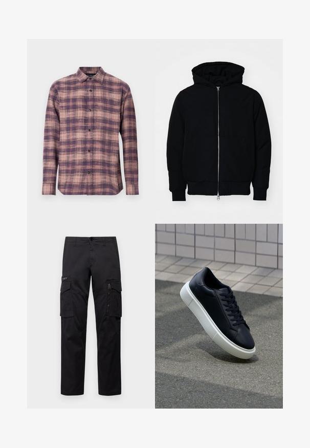 Giacca nera con cappuccio, dotata di zip frontale, tasca a marsupio, polsini e orlo a coste, esposta su uno sfondo bianco semplice.; Camicia a maniche lunghe a quadri in tonalità di viola e rosa, con colletto button-down e bottoni neri, realizzata in un tessuto morbido con una superficie liscia.; Pantaloni cargo neri con multiple tasche, tasca con zip sulla coscia, vestibilità dritta e in resistente cotone con un leggero lucido.; Sneaker in pelle nera con punta arrotondata e suola in gomma bianca. Presenta lacci piatti e cuciture minime sulla parte superiore. Suola testurizzata per una migliore aderenza.