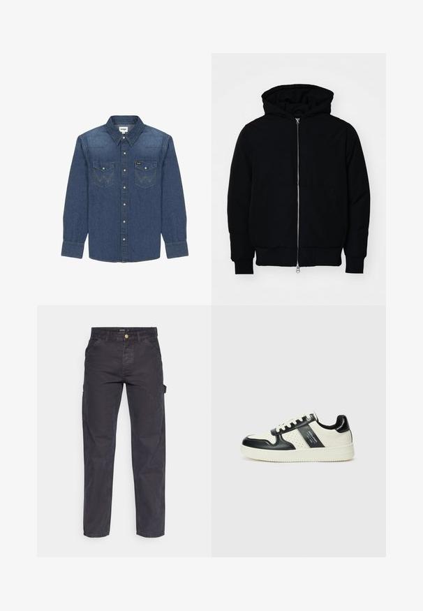 Czarna kurtka z kapturem, z suwakiem z przodu, kieszenią kangurką, ściągaczami przy mankietach i dolnym brzegu, prezentowana na jednolitym białym tle.; Granatowa koszula dżinsowa z kołnierzykiem zapinanym na guziki, dwoma kieszeniami na piersi z kontrastowym przeszyciem i długimi rękawami zakończonymi mankietami na guziki.; Ciemnoszare spodnie cargo wykonane z trwałej tkaniny, z prostymi nogawkami, pięcioma kieszeniami i zapięciem na guzik w talii.; Skórzane sneakersy w czarno-kremowym schemacie kolorystycznym, z perforowanymi akcentami, wyściełanym kołnierzem i teksturowaną podeszwą.