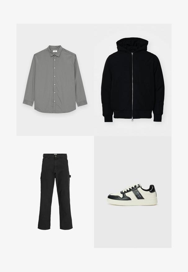 Čierna kapucňová bunda s predným zipsom, klokaními vreckami, rebrovanými manžetami a lemom, zobrazená na bielom pozadí.; Jack & Jones JJJOE PLAIN NOOS - Košeľa - castor gray; Čierne cargo nohavice z bavlnenej zmesi. Majú široké nohy, predné šikmé vrecká a bočné vrecko s očkom na doplnky.; Kožené tenisky v čierno-krémovej farbe, s perforovanými akcentmi, polstrovaným golierom a štruktúrovanou podrážkou.