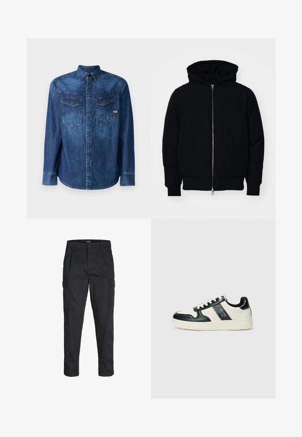 Svart hettejakke med frontglidelås, kengurulomme, ribbestrikket mansjetter og søm, vist på en ensfarget hvit bakgrunn.; Denimskjorte, mørkeblå, langermet, knapping foran, to brystlommer med klaff, merkelapp nederst til venstre, vanlig krage.; Sorte cargo bukser laget av slitesterkt stoff, med flere lommer, knappelukking og en slim fit-design med avsmalnede ben.; Lædersneakers med sort og creme farveskema, der har perforerede detaljer, en polstret krave og en struktureret ydersål.