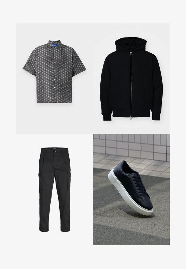 Veste à capuche noire avec fermeture éclair sur le devant, poche kangourou, poignets et ourlet côtelés, présentée sur un fond blanc uni.; Chemise à manches courtes en tissu noir avec un motif de feuilles blanches, col pointu et boutons beige disposés régulièrement sur le devant.; Pantalons cargo noirs en tissu résistant, dotés de plusieurs poches, d'une fermeture par bouton et d'une coupe slim avec des jambes fuselées.; Baskets noires en cuir avec bout arrondi et semelle en caoutchouc blanc. Elles présentent des lacets plats et une couture minimale sur la tige. Semelle texturée pour une bonne adhérence.