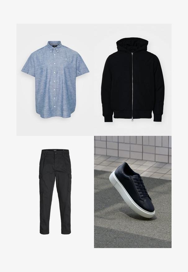 Juodas gobtuvėlis su priekiniu užtrauktuku, kengūros tipo kišene, lygiais rankogaliais ir apvadu, pateiktas ant vientiso balto fono.; Trumpas rankovėmis marškiniai, pagaminti iš šviesiai mėlynos šambro medžiagos, su struktūruotu apykakle, priekiniais mygtukais ir mažu emblema ant krūtinės.; Juodi krovinių tipo džinsai, pagaminti iš tvirto audinio, su keliais kišeniais, mygtuko uždarymu ir siauru, prigludusiu dizainu su siaurėjančiomis kojomis.; Juodas odinis sportbačius su apvaliu pirštu ir baltu gumuotu padu. Turi plokščias raišteles ir minimalų siuvimą viršuje. Padangos tekstūra užtikrina sukibimą.