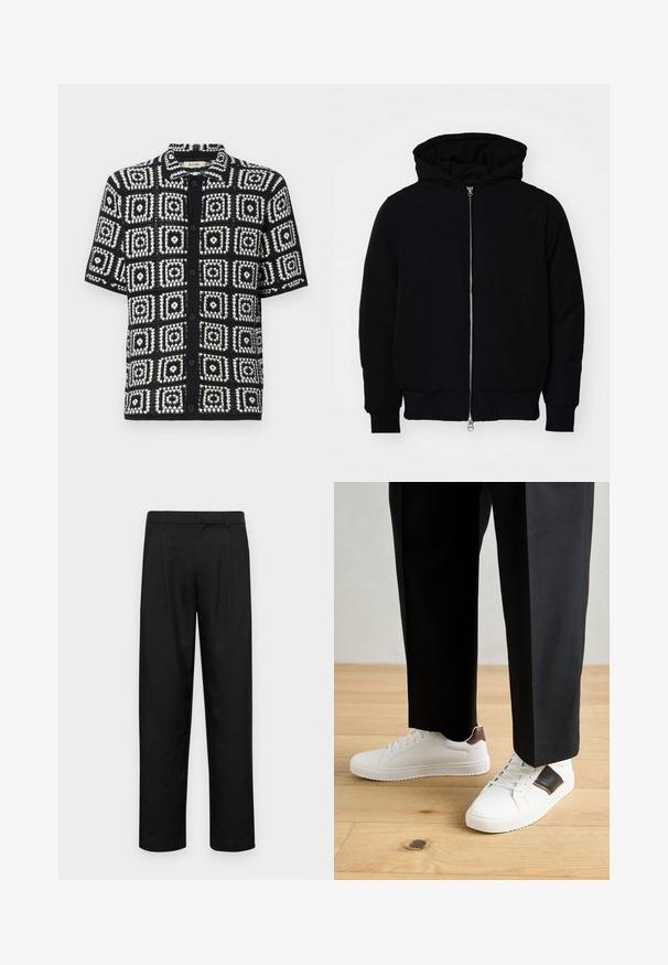 Black hooded jacket with front zipper, kangaroo pocket, ribbed cuffs, and hem, displayed on a plain white background.; Short-sleeve shirt in black and white with a square pattern. Made of textured fabric, featuring a button front and a pointed collar.; Black trousers made of smooth fabric, featuring a straight-leg design, two front pleats, and standard waistband with belt loops.; White sneakers with smooth texture, featuring brown leather accents and black detailing, paired with black tailored pants. Wooden floor background.