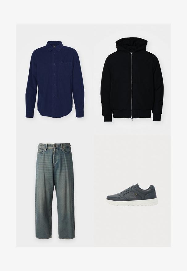 Giacca nera con cappuccio, dotata di zip frontale, tasca a marsupio, polsini e orlo a coste, esposta su uno sfondo bianco semplice.; Camicia in velluto a coste blu navy con maniche lunghe, colletto con bottoni, tasca frontale e dettagli di texture sottili. Presenta un'etichetta con marchio sul colletto.; Jeans di denim azzurro chiaro con vestibilità ampia, vita media e gambe dritte. Presenta cinque tasche, passanti per cintura e chiusura con bottone.; Sneaker basse di colore grigio scuro con suola bianca, design con lacci, pannello laterale testurizzato e branding giallo "Lee" sul lato.