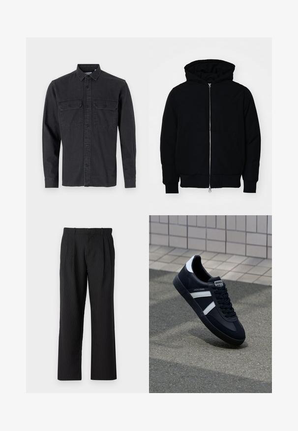 Mustat huppu-untuvatakki, jossa on vetoketju edessä, kenguru-tasku, ribatut hihansuut ja helma, esillä yksinkertaisella valkoisella taustalla.; Pitkähiha, tumma harmaa nappipaita, joka on valmistettu puuvillaseoksesta. Tässä paidassa on kaksi rintataskua ja klassinen kaulustyyli.; Mustat t-paidat, jotka on valmistettu puuvillasta ja joissa on lyhyet hihat. Edessä vihreä "ROOTS"-logo, pyöreä kaula-aukko ja normaali istuvuus.; Jack & Jones JPSTBILL JJDAYTONA WIDE - Housut - black; Mustat nahkakengät valkoisilla raidoilla, teksturoitu kumipohja ja nauha edessä. Varustettu merkkitarralla kielen päällä.