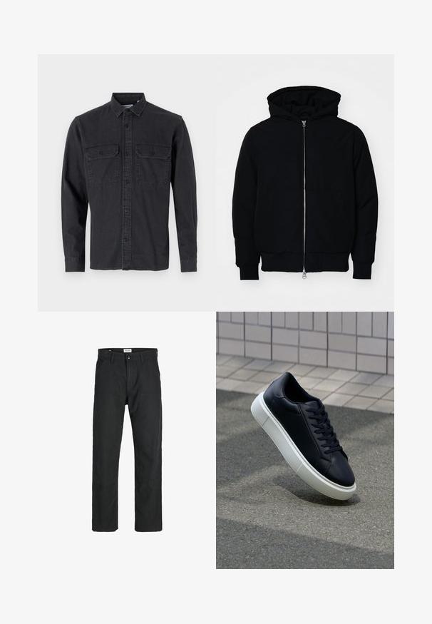 Črna kapuca jakna s sprednjim zadrgo, kenguru žepom, rebrastimi manšetami in hemom, razstavljena na enostavni beli ozadju.; Dolga srajca s kratkimi rokavi v temno sivi barvi iz mešanice bombaža, ki ima dva žepa na prsih in klasično ovratnik.; Črne hlače iz trpežnega materiala, s krojem naravnih nog, našitki ter dvema sprednjima žepoma za funkcionalnost.; Črne usnjene superge z zaobljenim prstom in belim gumijastim podplat. Imajo ravne vezalke in minimalno šivanje na zgornjem delu. Teksturirani podplat za oprijem.