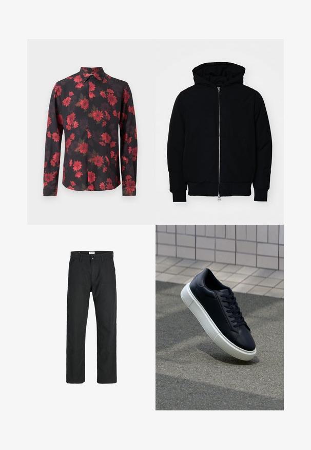 Mustaga kapuutsiga jakk, millel on esineed, kenguru tasku, soonikkoes, ja alläär, esitatud lihtsal valgel taustal.; Must mustrešik mustrešik, millel on punane lillemuster, nööbid all, ja eesmine läbilõige. Kerge kangas, mis on sileda tekstuuriga.; Mustad mustad, mis on valmistatud vastupidavast kangast, sirge jala disainiga, õmmeldud detailidega ja kahe eesmise taskuga funktsionaalsuse jaoks.; Mustast nahast tennisetoss, millel on ümar nina ja valge kummist tall. Omab siredaid paelu ja minimaalset õmblemist ülemises osas. Tekstuuriga tald, mis tagab haakuvuse.