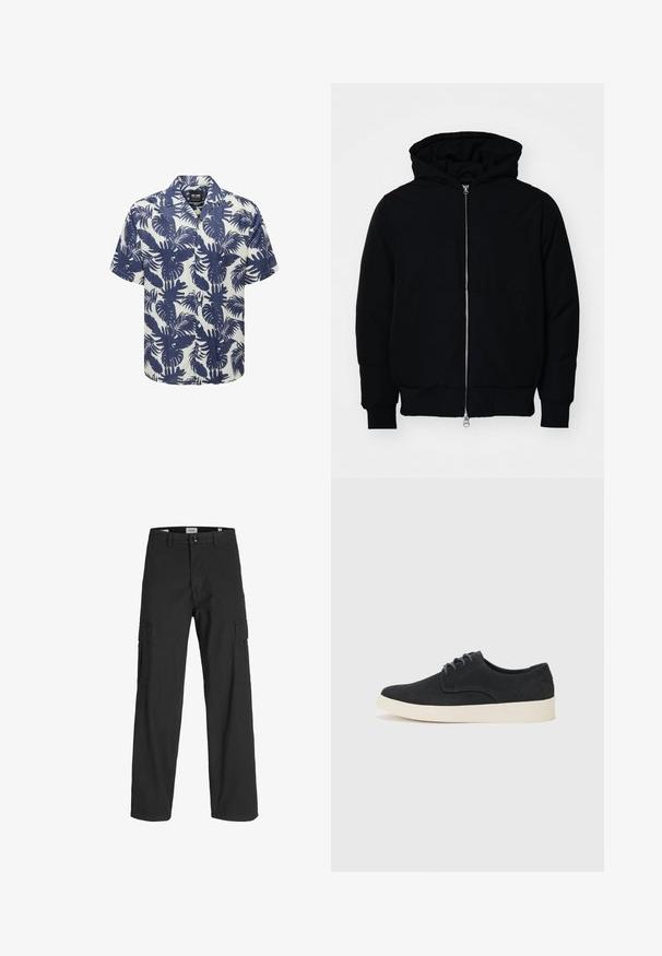 Mustaga kapuutsiga jakk, millel on esineed, kenguru tasku, soonikkoes, ja alläär, esitatud lihtsal valgel taustal.; Lühikeste varrukatega särk valgest kangast, millel on tumesinised palmi lehtede mustrid. Omab kraed ja nuppe ees, vaba lõikega.; Mustad mustad püksid, millel on lõdva istuvus, valmistatud puuvillast. Omab kahte küljetaskut ja nupuga sulgemist, loodud funktsionaalsuse ja mugavuse tagamiseks.; Must musta lakkidega kingad, ümarate varvastega, kerge kreemivärvi tallaga ning peene sinise õmblusega pealispinnal.