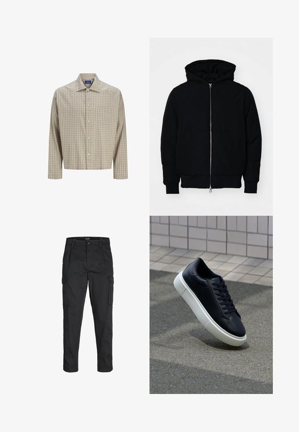 Schwarze Kapuzenjacke mit Frontreißverschluss, Kängurutasche, gerippten Bündchen und Saum, auf einem schlichten weißen Hintergrund präsentiert.; Beige- und braun-karierte Hemd mit Knopfleiste, spitzen Kragen, langen Ärmeln, einer einzelnen Brusttasche und einem lockeren Schnitt. Hergestellt aus gewobenem Stoff.; Schwarze Cargo-Hose aus robustem Material, mit mehreren Taschen, einem Knopfverschluss und einem Slim-Fit-Design mit schmal zulaufenden Beinen.; Schwarze Leder-Sneaker mit runder Zehenpartie und weißer Gummisohle. Verfügt über flache Schnürsenkel und minimale Nähte im Obermaterial. Strukturiertes Sohlenprofil für besseren Halt.