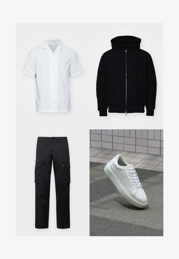 Giacca nera con cappuccio, dotata di zip frontale, tasca a marsupio, polsini e orlo a coste, esposta su uno sfondo bianco semplice.; Camicia in lino a maniche corte di un bianco chiaro, con colletto, chiusura con bottoni e una leggera texture. Presenta un orlo dritto e maniche arrotolate.; Pantaloni cargo neri con multiple tasche, tasca con zip sulla coscia, vestibilità dritta e in resistente cotone con un leggero lucido.; Sneaker bianco in pelle con superficie liscia, punta rotonda e lacci piatti bianchi. Presenta una suola in gomma texturizzata e un design minimale.