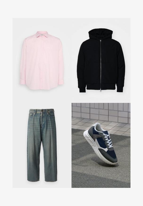 Black hooded jacket with front zipper, kangaroo pocket, ribbed cuffs, and hem, displayed on a plain white background.; Light pink button-up shirt with long sleeves, a standard collar, and white buttons along the front, made from smooth cotton fabric.; Light blue denim jeans with a loose fit, mid-rise waist, and straight legs. Features five pockets, belt loops, and a button closure.; Sneaker featuring a navy blue mesh upper, gray suede accents, white rubber sole, and flat white laces, designed for comfort and breathability.