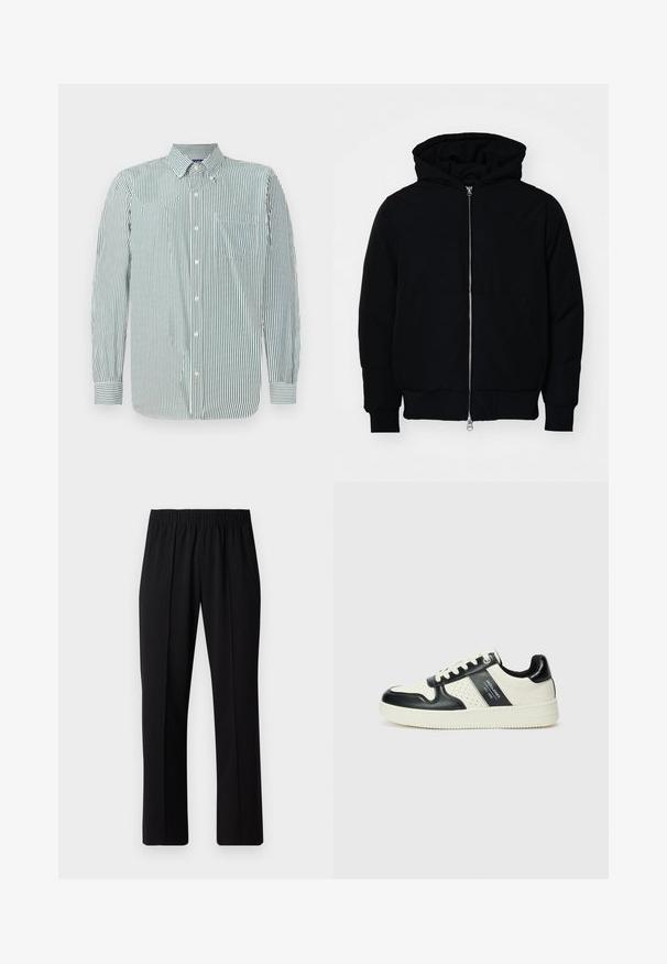 Black hooded jacket with front zipper, kangaroo pocket, ribbed cuffs, and hem, displayed on a plain white background.; Striped button-up shirt in light green and white fabric, featuring a collar, long sleeves, and a single chest pocket. Vertical stripes pattern.; Black, elastic-waist trousers with a straight-leg design, featuring a smooth texture and no visible patterns or hardware.; Leather sneakers with a black and cream color scheme, featuring perforated accents, a padded collar, and a textured outsole.