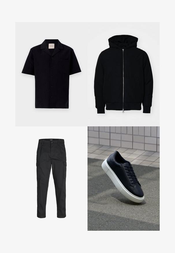 Černá kapucňová bunda s předním zipem, klokaní kapsou, vroubkovanými manžetami a spodním lemem, vystavená na čistém bílém pozadí.; Košile s krátkým rukávem a límečkem v tmavě námořnické barvě. Vyrobena z texturované látky, s náprsní kapsou a černými knoflíky na přední straně.; Černé cargo kalhoty vyrobené z odolné tkaniny, s mnoha kapsami, knoflíkovým zapínáním a slim fit střihem se zúženými nohavicemi.; Černé kožené tenisky s kulatou špičkou a bílou gumovou podrážkou. mají ploché tkaničky a minimální šití na svršku. Texturovaná podrážka pro lepší přilnavost.