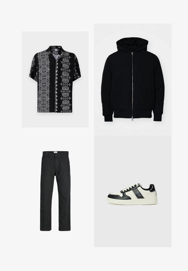 Schwarze Kapuzenjacke mit Frontreißverschluss, Kängurutasche, gerippten Bündchen und Saum, auf einem schlichten weißen Hintergrund präsentiert.; Kurze Ärmel Hemd mit Knopfleiste aus schwarzem Stoff, das auf beiden Seiten filigrane weiße Blumen- und Dekorationsmuster sowie einen kragenförmigen Ausschnitt aufweist.; Schwarze Hosen aus strapazierfähigem Stoff, mit geradem Bein, genähten Akzenten und zwei vorderen Taschen für Funktionalität.; Leder-Sneaker in Schwarz- und Cremetönen, mit perforierten Akzenten, einem gepolsterten Kragen und einer strukturierten Laufsohle.