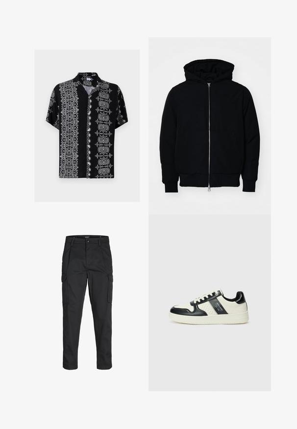Veste à capuche noire avec fermeture éclair sur le devant, poche kangourou, poignets et ourlet côtelés, présentée sur un fond blanc uni.; Chemise à boutons à manches courtes en tissu noir, ornée de motifs floraux complexes blancs et de motifs décoratifs des deux côtés, avec un col.; Pantalons cargo noirs en tissu résistant, dotés de plusieurs poches, d'une fermeture par bouton et d'une coupe slim avec des jambes fuselées.; Baskets en cuir avec un schéma de couleurs noir et crème, dotées d'accents perforés, d'un col rembourré et d'une semelle texturée.