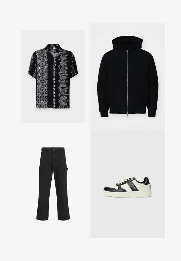 Mustat huppu-untuvatakki, jossa on vetoketju edessä, kenguru-tasku, ribatut hihansuut ja helma, esillä yksinkertaisella valkoisella taustalla.; Lyhythihainen nappipaita mustasta kankaasta, jossa on monimutkaisia valkoisia kukka- ja koristesuunnitelmia molemmilla puolilla ja kauluskynä.; Musta cargo-housut puuvillasekoitekankaasta. Ominaisuuksina leveät lahkeet, etupuolen viistot taskut ja sivutasku, jossa on lenkki lisävarusteille.; Nahkakengät musta-kerma värimaailmassa, joissa on rei'itetyt yksityiskohdat, pehmustettu nilkkaosa ja teksturoitu pohja.