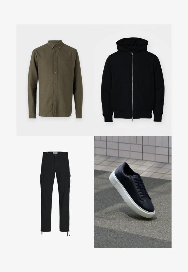 Black hooded jacket with front zipper, kangaroo pocket, ribbed cuffs, and hem, displayed on a plain white background.; Olive green button-up shirt, long sleeves, small collar, single chest pocket, textured fabric, front button closure.; Black cargo pants with a straight cut, featuring side pockets, a button closure, and elastic drawstrings at the ankles. Made from durable fabric.; Black leather sneaker with rounded toe and white rubber sole. Features flat laces and minimal stitching on the upper. Textured sole for grip.