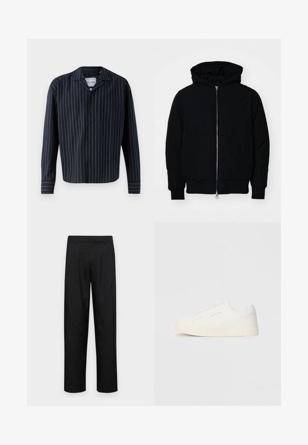 Chaqueta negra con capucha, cierre frontal, bolsillo tipo canguro, y puños y dobladillo acanalados, exhibida sobre un fondo blanco liso.; Camisa de botones de color azul marino con rayas verticales en blanco y beige, que presenta un cuello, mangas largas y un dobladillo recto. Textura de tela suave.; Pantalones negros de tela suave, con un diseño de pierna recta, dos pliegues frontales y una cintura estándar con trabillas para el cinturón.; Zapatillas blancas tipo slip-on con una superficie texturizada, suela gruesa y diseño minimalista. Presenta el logo de la marca en un lado.