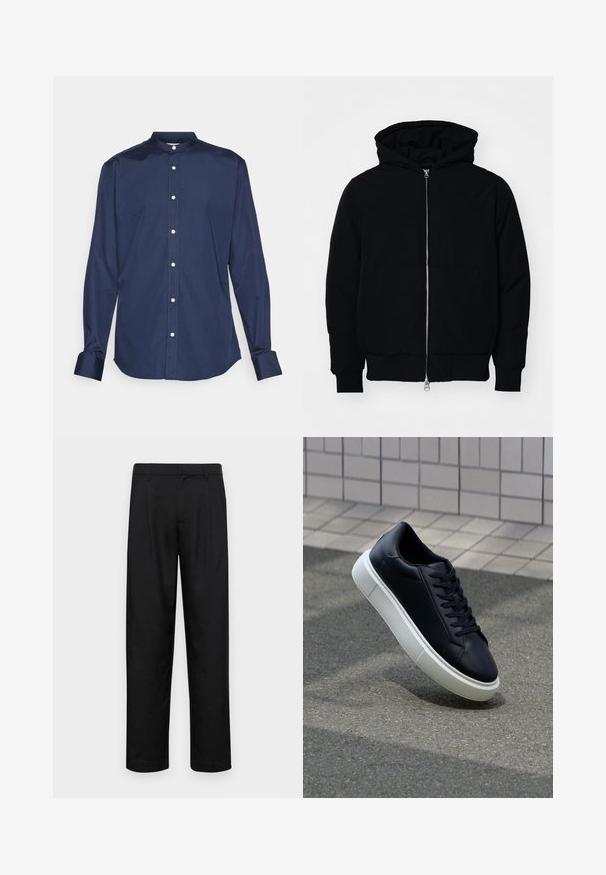 Juodas gobtuvėlis su priekiniu užtrauktuku, kengūros tipo kišene, lygiais rankogaliais ir apvadu, pateiktas ant vientiso balto fono.; Tamsiai mėlynas ilgomis rankovėmis marškinėliai su mandarinų apykakle, turintis mygtukų užsegimą, tekstūruota medžiaga ir rankogaliai su kontrastingomis siūlėmis.; Juodi kelnių modeliai, pagaminti iš lygios medžiagos, turi tiesią kojas, du priekiniai klostės ir standartinę juosmenį su diržo kilpomis.; Juodas odinis sportbačius su apvaliu pirštu ir baltu gumuotu padu. Turi plokščias raišteles ir minimalų siuvimą viršuje. Padangos tekstūra užtikrina sukibimą.