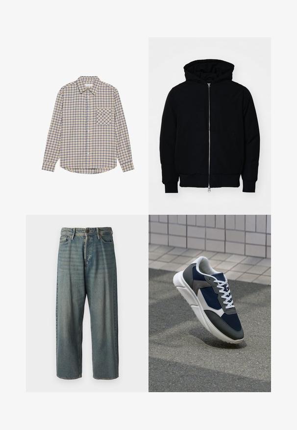 Black hooded jacket with front zipper, kangaroo pocket, ribbed cuffs, and hem, displayed on a plain white background.; Long-sleeve plaid shirt in beige with blue squares, featuring a button-down collar and a left chest pocket with a diagonal check pattern.; Light blue denim jeans with a loose fit, mid-rise waist, and straight legs. Features five pockets, belt loops, and a button closure.; Sneaker featuring a navy blue mesh upper, gray suede accents, white rubber sole, and flat white laces, designed for comfort and breathability.