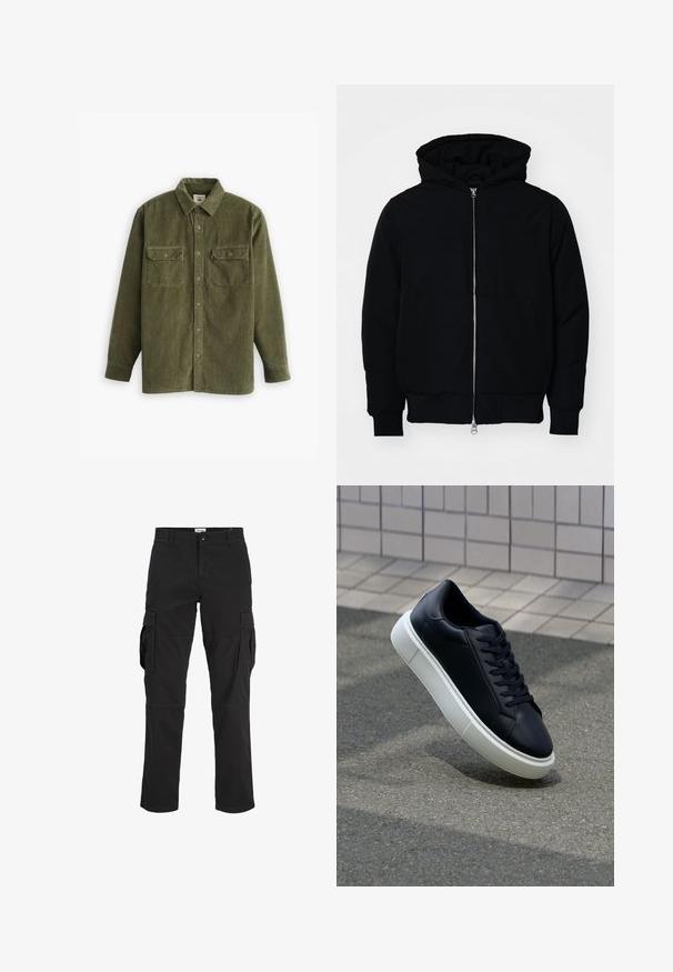 Juodas gobtuvėlis su priekiniu užtrauktuku, kengūros tipo kišene, lygiais rankogaliais ir apvadu, pateiktas ant vientiso balto fono.; Alyvuogių žalios spalvos korduroy marškiniai su sagų užtrauktuku, dviem krūtinės kišenėmis ir ilgomis rankovėmis. Struktūrinis audinys su vertikaliu grioveliu.; Juodos medvilnės krovininės kelnės, turinčios kelias šonines kišenes, tiesaus kirpimo ir su mygtukų užsegimu juosmens srityje.; Juodas odinis sportbačius su apvaliu pirštu ir baltu gumuotu padu. Turi plokščias raišteles ir minimalų siuvimą viršuje. Padangos tekstūra užtikrina sukibimą.