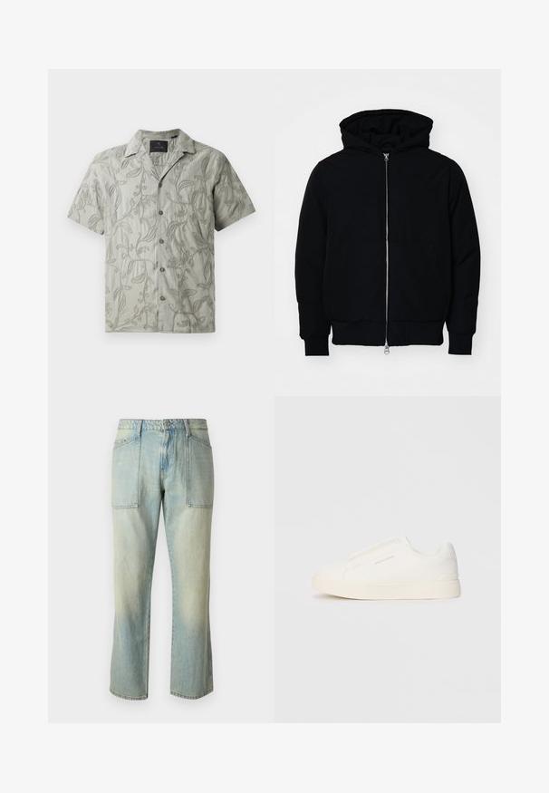 Giacca nera con cappuccio, dotata di zip frontale, tasca a marsupio, polsini e orlo a coste, esposta su uno sfondo bianco semplice.; Camicia a maniche corte grigio chiaro con motivi floreali ricamati, colletto alla francese e chiusura frontale con bottoni grigi.; Jeans in denim azzurro chiaro con taglio dritto, cuciture visibili e due ampie tasche frontali. Il tessuto ha una texture sbiadita.; Sneakers bianchi slip-on con superficie texturizzata, suola spessa e design minimalista. Presentano il logo del marchio sul lato.