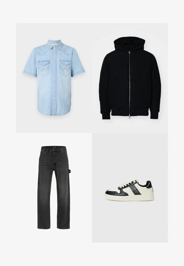 Giacca nera con cappuccio, dotata di zip frontale, tasca a marsupio, polsini e orlo a coste, esposta su uno sfondo bianco semplice.; Camicia di jeans azzurro chiaro a maniche corte con colletto, bottoni a pressione e due tasche sul petto con cuciture a zig-zag.; Jeans in denim grigio scuro con taglio dritto, cinque tasche, chiusura con bottone metallico e dettaglio con cintura laterale.; Sneakers in pelle con una combinazione di colori nero e crema, dotati di dettagli perforati, collare imbottito e suola testurizzata.