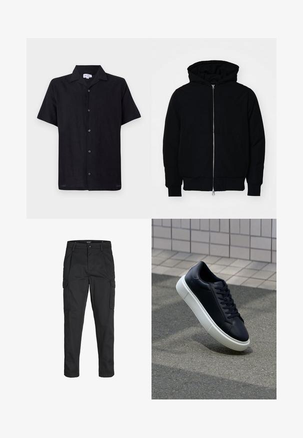 Mustat huppu-untuvatakki, jossa on vetoketju edessä, kenguru-tasku, ribatut hihansuut ja helma, esillä yksinkertaisella valkoisella taustalla.; Mustapaita lyhyillä hihoilla, joka on valmistettu kevyestä kankaasta. Ominaisuuksiin kuuluu kauluksessa oleva kaulus ja etupuolella viisi nappia, jotka sulkevat paidan.; Mustat cargo-housut, jotka on valmistettu kestävästä kankaasta. Housuissa on useita taskuja, nappisulku ja kapea istuvuus, jossa on kapenevat lahkeet.; Mustat nahkakengät, joissa on pyöristetty kärki ja valkoinen kumipohja. Varusteena litteät nauhat ja minimaalinen ommel ylhäällä. Teksturoitu pohja pitävyyden lisäämiseksi.