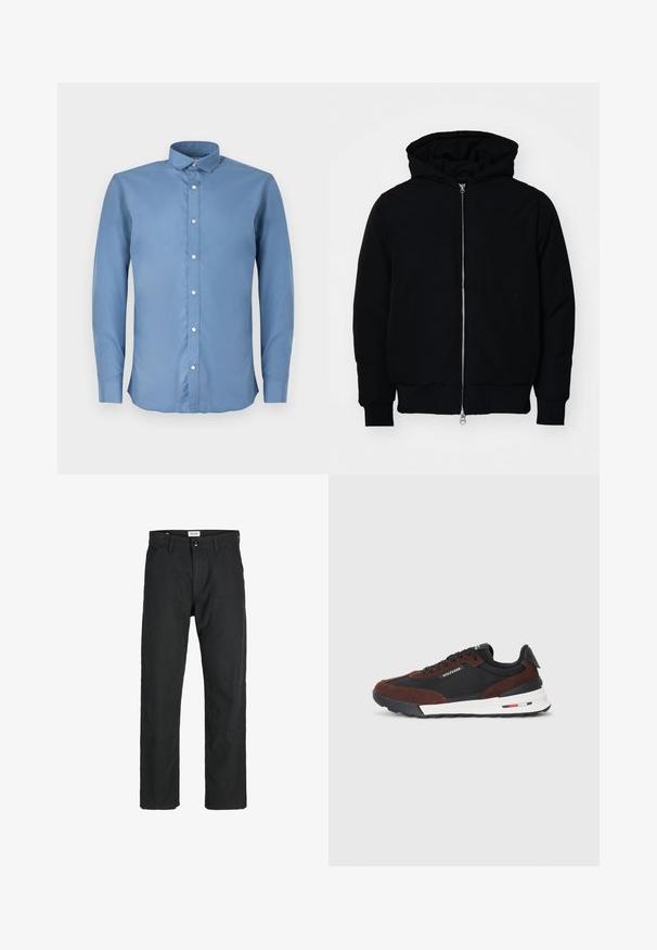 Schwarze Kapuzenjacke mit Frontreißverschluss, Kängurutasche, gerippten Bündchen und Saum, auf einem schlichten weißen Hintergrund präsentiert.; Hellblaues Langarmhemd mit Button-Down-Kragen, das eine glatte Textur aufweist und sechs weiße Knöpfe entlang der Vorderseite hat.; Schwarze Hosen aus strapazierfähigem Stoff, mit geradem Bein, genähten Akzenten und zwei vorderen Taschen für Funktionalität.; Tommy Hilfiger RETRO RUNNER MIX - Sneaker low - black/cocoa