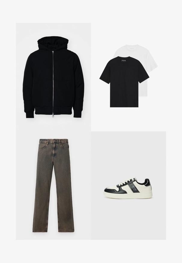 Svart huoodiejacka med framdragkedja, känguruficka, ribbade ärmslut och nederkant, uppställd mot en vit bakgrund.; Två t-shirts, en svart och en vit, med korta ärmar, rund halsringning och en mjuk bomullstextur. Varumärkesetikett synlig inuti.; Bruna tvättade raka jeans med framfickor, knappstängning och bälteshällor som visas mot en vit bakgrund.; Läder sneakers med en svart och krämfärgad färgsättning, med perforerade detaljer, en vadderad krage och en strukturerad yttersula.
