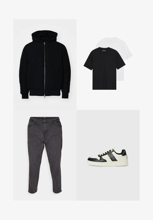 Crna kapuška jakna s prednjim zatvaračem, kenguru džepom, rebrastim manžetama i rubom, prikazana na običnoj bijeloj pozadini.; Dva majice, jedna crna i jedna bijela, s kratkim rukavima, okruglim izrezima i glatkom pamučnom teksturom. Vidljiva oznaka branda unutra.; Crne traperice s ravnim nogavicama, s gumbom za zakopčavanje, bočnim džepovima i blagim izblijeđenim dijelovima, pružajući klasičan izgled.; Kožne tenisice s crno-bijelom paletom boja, koje imaju perforirane akcentne detalje, podstavljeni ovratnik i teksturiranu potplat.