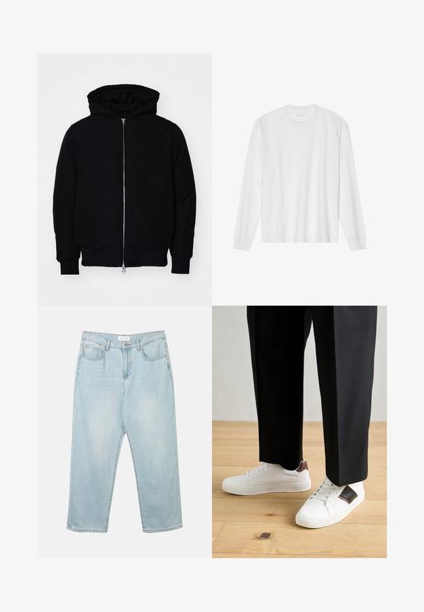 Jachetă neagră cu glugă, cu fermoar în față, buzunar tip kangaroo, mansete și tiv ribbed, prezentată pe un fundal alb simplu.; Tricou alb din bumbac, cu mânecă lungă, gât rotund și manșete ribotate. Design simplu, fără ornamentație, cu o textură netedă și o croială standard.; Jeans din denim de un albastru deschis, cu o croială relaxată, cinci buzunare, închidere cu nasture și estompare subtilă. Textura este netedă și ușor uzată.; Sneakers albe cu textură netedă, având accente din piele maro și detalii negre, asociate cu pantaloni negri pe măsură. Fundal din podea din lemn.