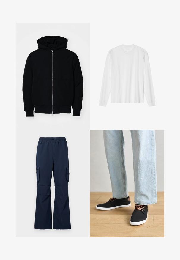 Black hooded jacket with front zipper, kangaroo pocket, ribbed cuffs, and hem, displayed on a plain white background.; Long-sleeve white cotton t-shirt with a crew neck and ribbed cuffs. Simple, unembellished design, featuring smooth texture and standard fit.; Navy cargo pants made of lightweight fabric featuring a drawstring waist, two side pockets, and zippered cargo pockets on both legs.; Black canvas sneakers with brown accents, white rubber soles, and brown laces, paired with light blue straight-leg jeans. Wood floor background.