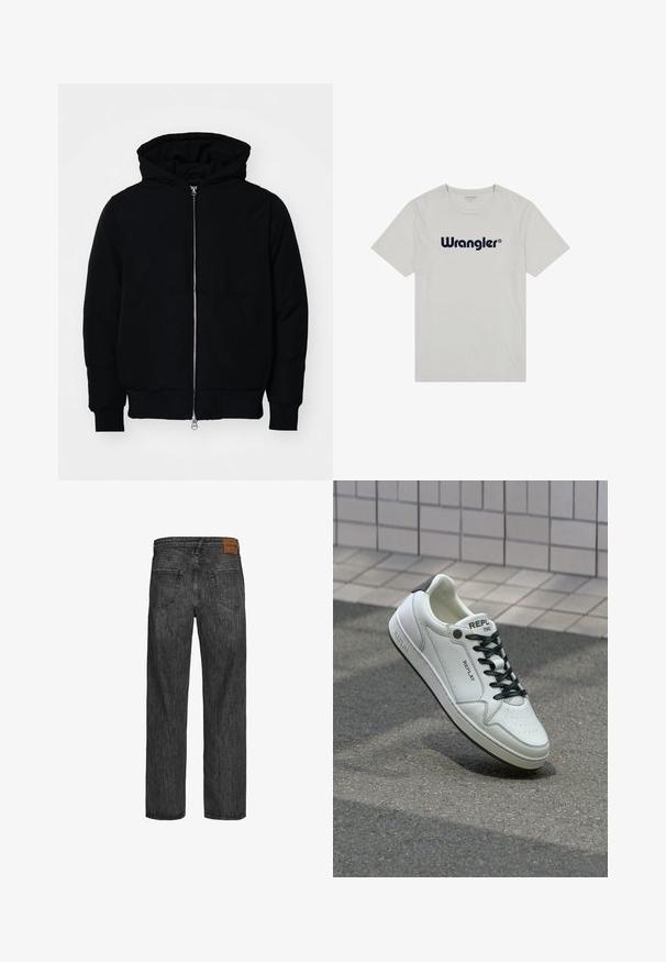 Sort hættejakke med frontlynlås, kængurulomme, ribbede manchetter og kant, præsenteret på en ensfarvet hvid baggrund.; Lysegrå bomulds T-shirt med korte ærmer, rund hals og et marineblåt "Wrangler" logo på brystet. Blød tekstur, afslappet design.; Sorte denimjeans med lige ben-design, fem lomme-stil og et brunt lædermærke ved taljen. Tekstureret stof med syningerdetaljer.; Hvide lædersneakers med perforeret tå, sorte snørebånd og hæl-akcent. Funktioner "REPLAY" branding og en solid gummisål.