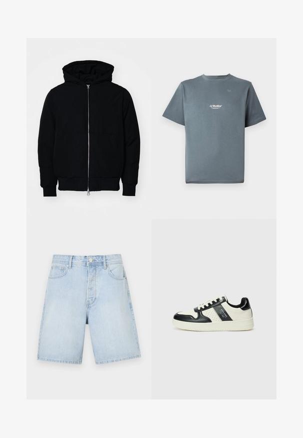 Black hooded jacket with front zipper, kangaroo pocket, ribbed cuffs, and hem, displayed on a plain white background.; Gray cotton t-shirt with a crew neck, short sleeves, and a small white "JJ Studios" logo on the chest. Smooth texture and relaxed fit.; Light blue denim shorts with a straight cut, featuring front pockets, a button closure, and casual stitching. Smooth texture without patterns.; Leather sneakers with a black and cream color scheme, featuring perforated accents, a padded collar, and a textured outsole.